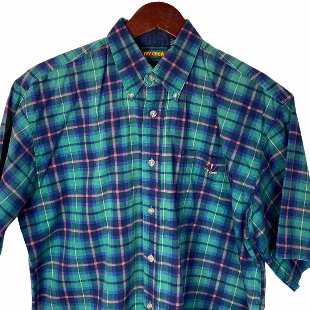 Vintage Ivy Crew Shirt Preppy Plaid Button Down Shirt Green - Picture 3 of 12